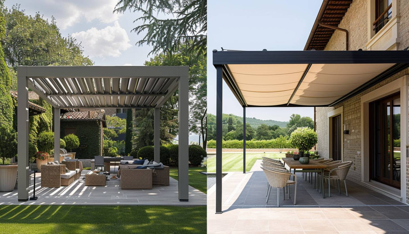 Comparatif détaillé entre les pergolas bioclimatiques et les pergolas à toile face aux stores extérieurs
